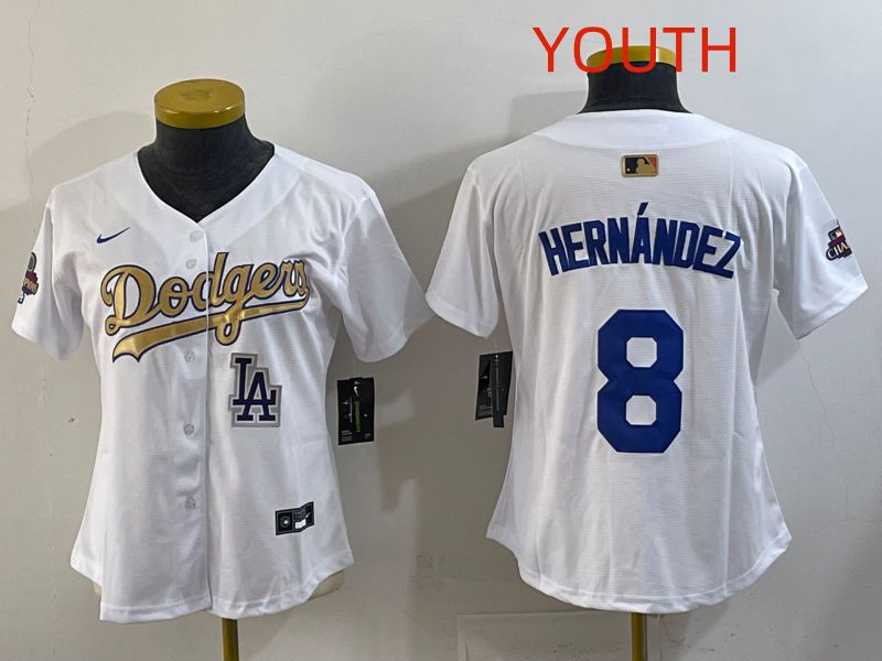Youth Los Angeles Dodgers 8 Hernandez White Champion edition Nike MLB Jersey style 006